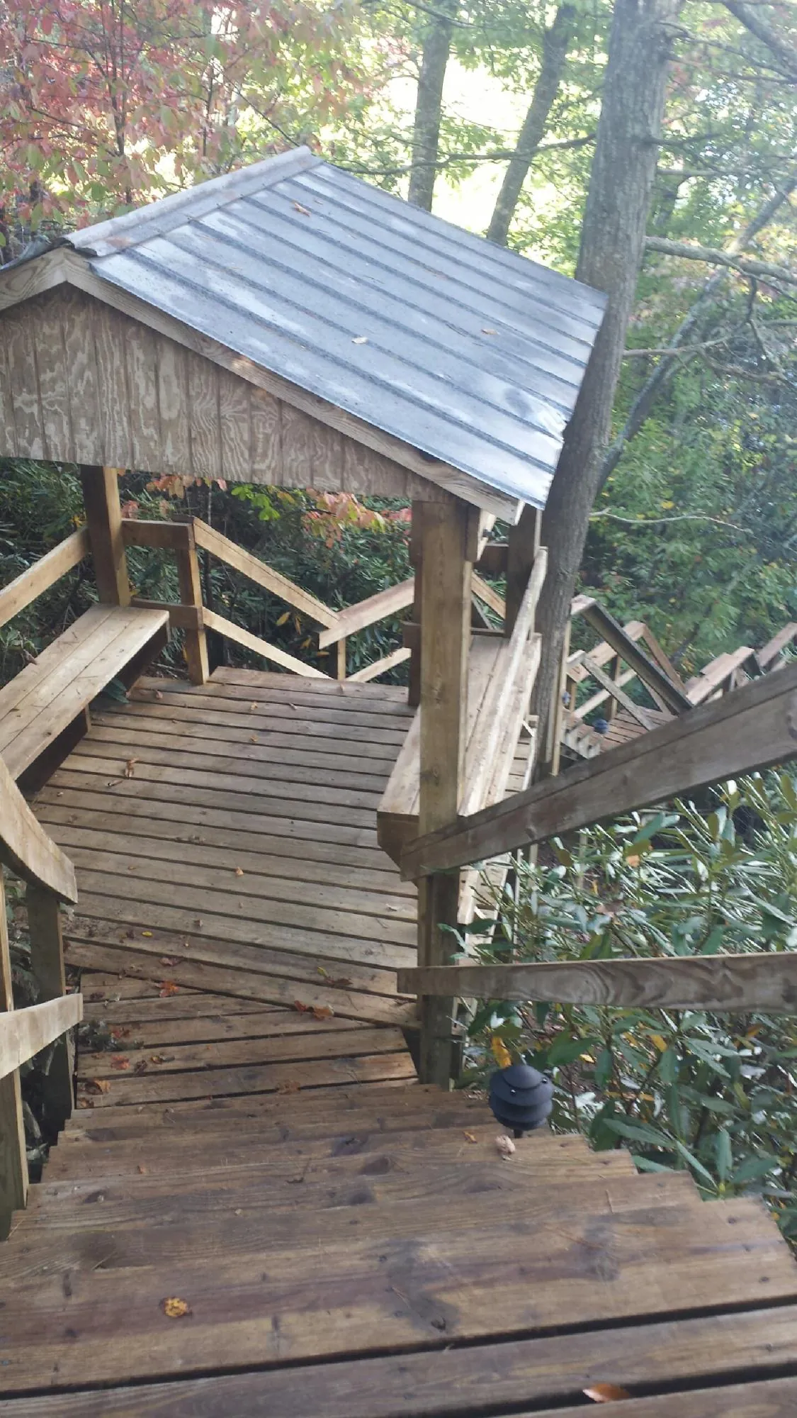 Metal roofed shelter over wooden steps on a wooded walkway — Skylight Repair & Installation work by our crew in Porterdale